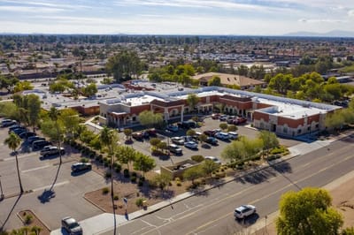 Aerial view of Mission Palms Post Acute facility with parking