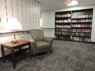 Cozy reading nook with bookshelf and armchair