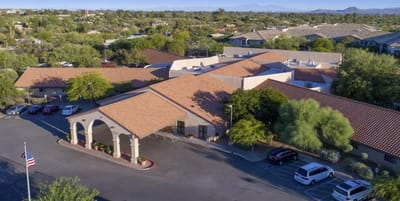 Aerial view of Mountain View Care Home with surrounding greenery