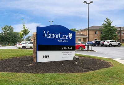 Exterior sign for Pike Creek Nursing and Rehabilitation