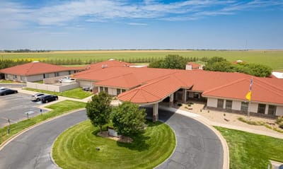 Aerial view of the Retirement Ranch facility with gardens