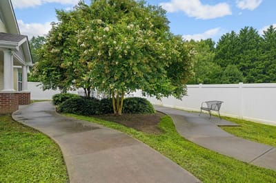 Outdoor pathway with greenery and seating area