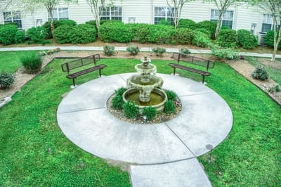Serene garden area with a fountain and benches