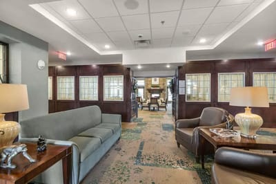 Interior view of a common area with seating