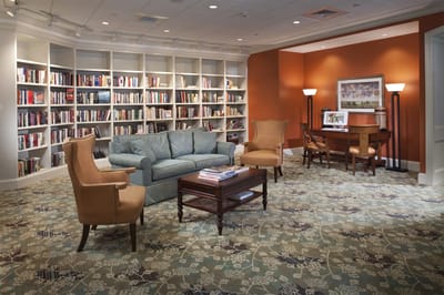 Cozy interior of a common area with bookshelves