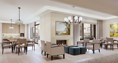 Bright common area with seating and artwork