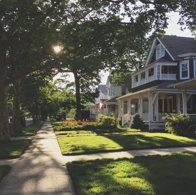 Tree-lined street with houses and gardens