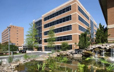 Exterior view of Sibley Memorial Hospital with landscaping