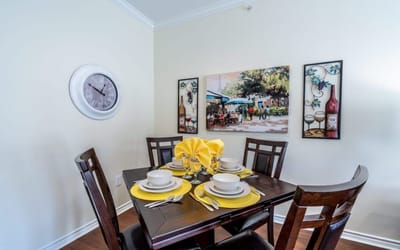 Dining area with a table set for a meal