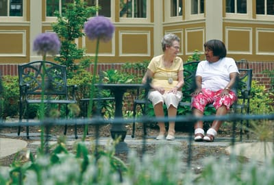 Two elderly women chatting on a garden bench.