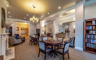 Interior view of a cozy common area with seating