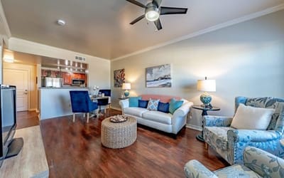 Bright living room with comfortable seating and decor