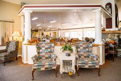 Cozy interior seating area with patterned chairs