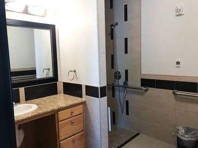 Bathroom with grab bars and accessible shower