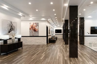 Interior view of a modern common area with seating