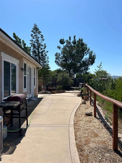 Outdoor path with trees and a grill.