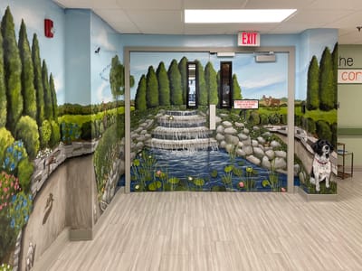 Colorful mural depicting a serene outdoor scene