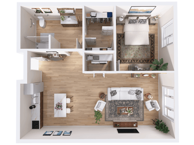 Aerial view of a well-furnished apartment layout.