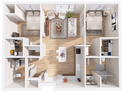 An empty, well-organized floor plan of a resident room