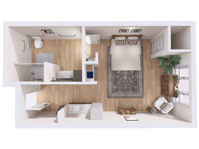 Aerial view of a well-furnished private resident room