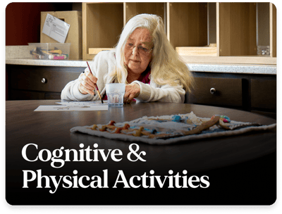 Senior resident engaging in a cognitive activity indoors
