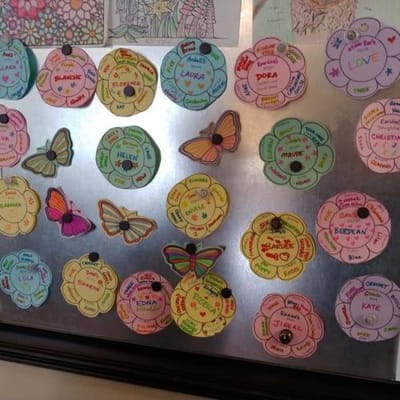 Colorful wall display of resident names and butterflies