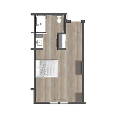 Layout of a private resident room with basic fixtures