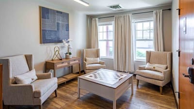 Bright interior common area with seating