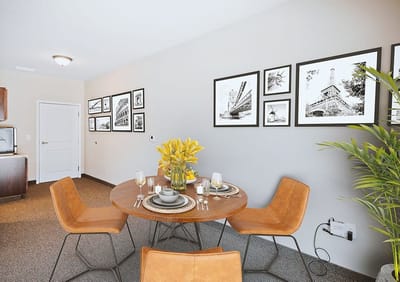 Modern dining area setup with decorative elements