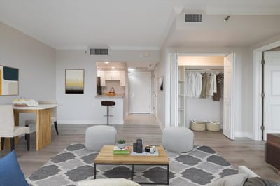 Interior view of a modern resident room with furniture