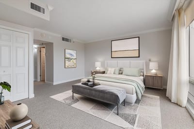 Brightly decorated private resident room with modern furnishings