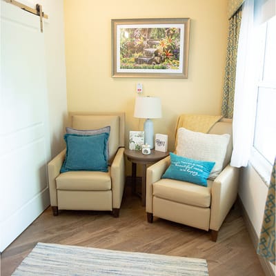 Comfortable seating area in a resident's room