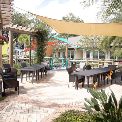 Outdoor patio area with shaded seating
