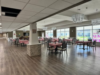 Dining room setup with checkered tablecloths