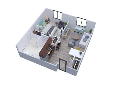 Aerial view of an interior layout of a resident room