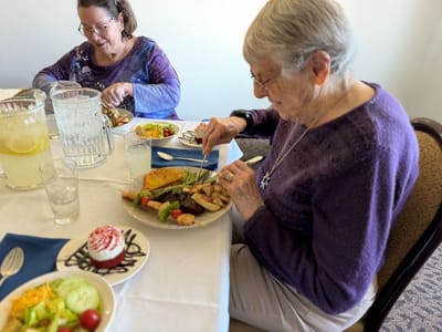 Residents enjoying a meal in the dining room