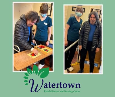 Logo of Watertown Rehabilitation and Nursing Center with staff and resident
