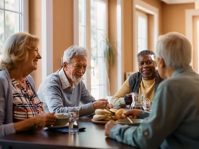Residents enjoying a meal together in a dining area