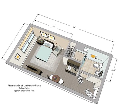 Floor plan of a deluxe suite with dimensions