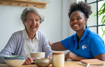 A caregiver and resident smiling at a table
