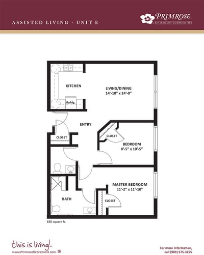 Floor plan of a two-bedroom assisted living unit.