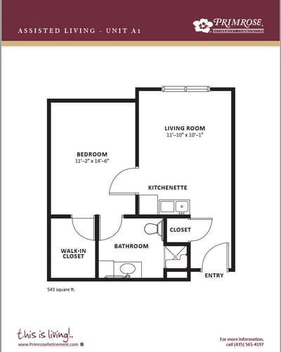 Architectural floor plan of assisted living unit A1