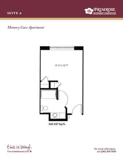 Architectural floor plan for a memory care apartment