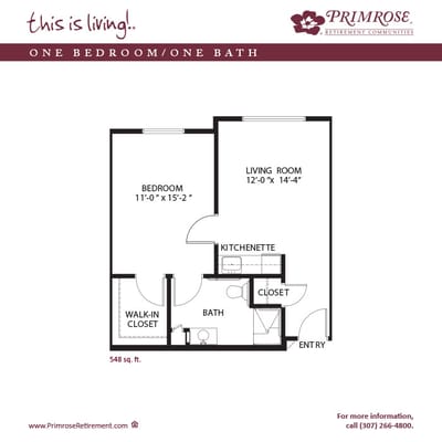 Architectural floor plan of a one-bedroom unit