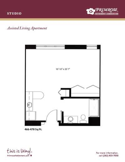 Floor plan of a studio assisted living apartment