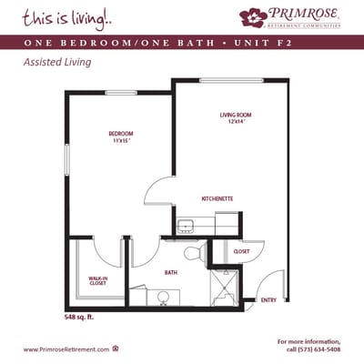Architectural floor plan of a one-bedroom assisted living unit