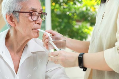 Elderly man drinking water assisted by caregiver