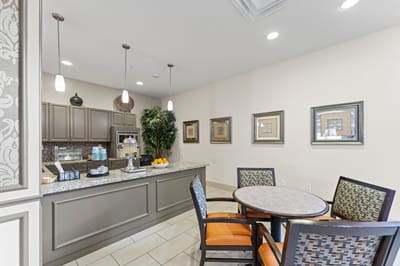 Cozy dining area with tables and chairs