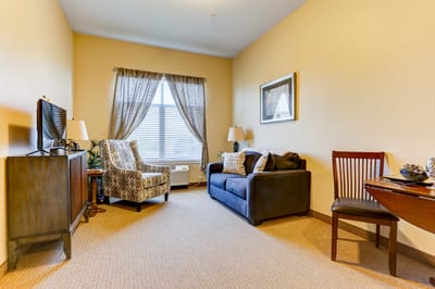 Comfortable private resident room with a chair and couch