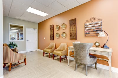 Cozy common area with seating and decor.